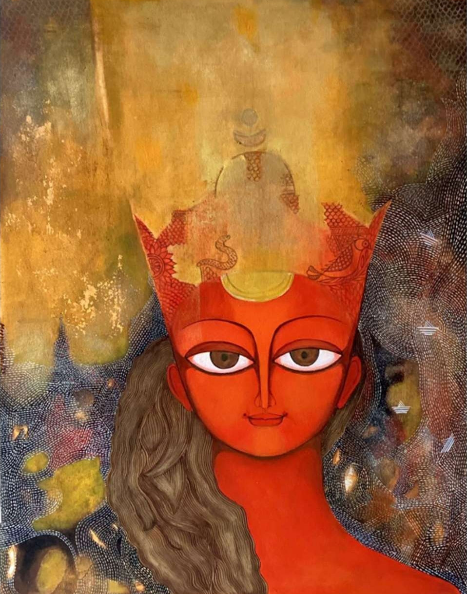 The Golden Crown' figurative acrylic painting by artist Meenakshi Jha Banerjee, 30x24 inch, on canvas