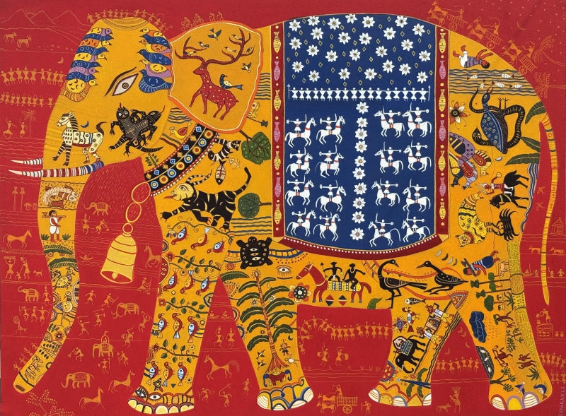 Golden Elephant' animals acrylic painting by artist Bhaskar Lahiri, 36x48 inch, on canvas