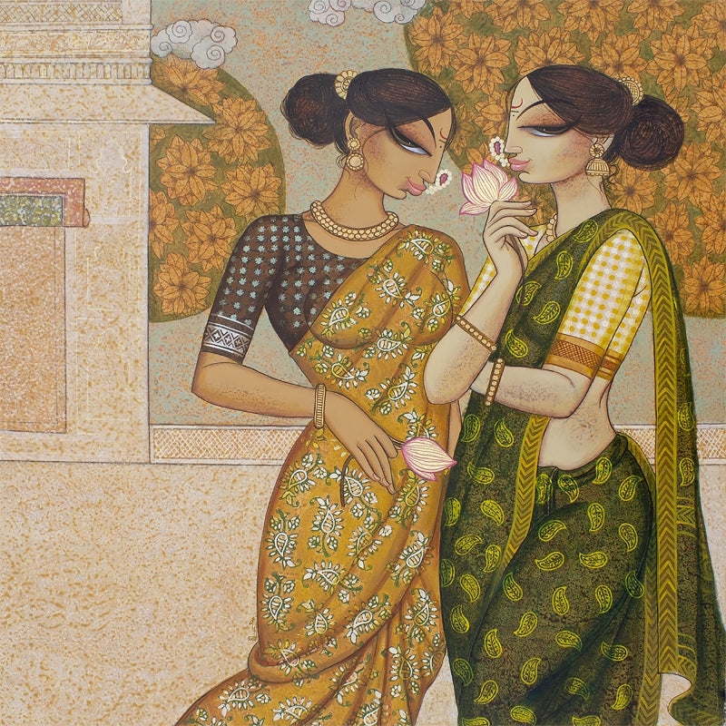 The Golden Green Harmony' figurative acrylic painting by artist Varsha R Kharatmal, 36x36 inch, on canvas