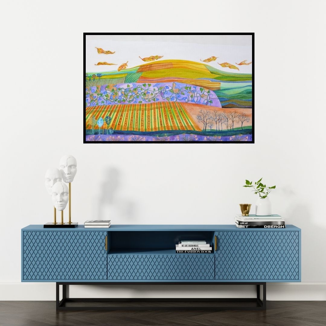 Preview of 'Golden Hill With Golden Leaves' Painting by Shilpa Pachpor shown on a wall in a furnished room.
