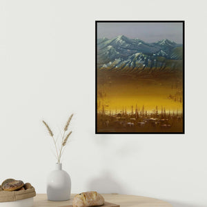 Yogesh Lahane's 'Golden Light (Mountain Vista)' painting visualized above a sofa in a contemporary room.