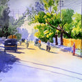 Cityscape watercolor painting titled 'Golden Light I', 15x11 inches, by artist Rahul Salve on Paper