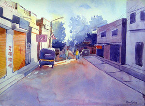 Golden Light Ii (Echoes of Stillness) by Rahul Salve, Original Watercolor Cityscape Painting on Paper, Small Horizontal Wall Art