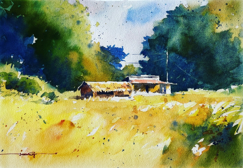 Golden Meadow' nature watercolor painting by artist Soven Roy, 14x20 inch, on paper