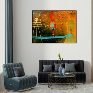 Lakhan Singh Jat's 'Golden Memories (The Tech-Toting Traveler)' painting visualized above a sofa in a contemporary room.