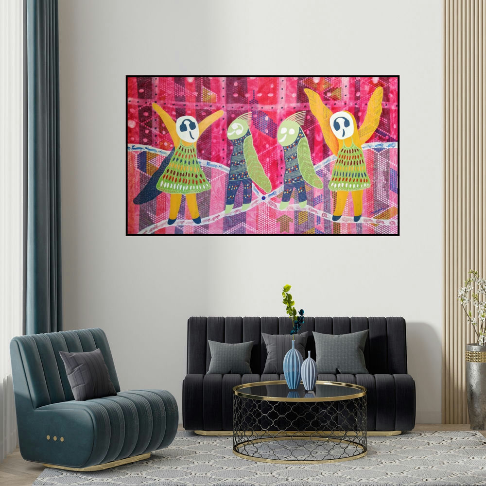 Lakhan Singh Jat's 'Golden Memories (A Celebration of Life)' painting visualized above a sofa in a contemporary room.