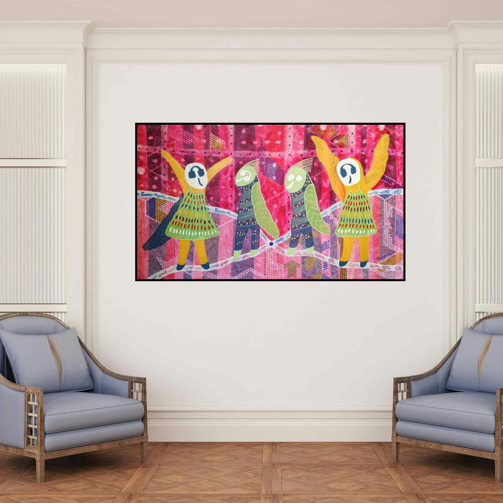 'Golden Memories (A Celebration of Life)' painting by Lakhan Singh Jat shown on a wall in a furnished room.