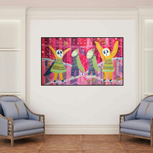 'Golden Memories (A Celebration of Life)' painting by Lakhan Singh Jat shown on a wall in a furnished room.