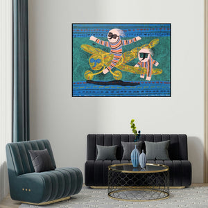 Lakhan Singh Jat's 'Golden Memories (Childhood Dreams Take Flight)' painting visualized above a sofa in a contemporary room.