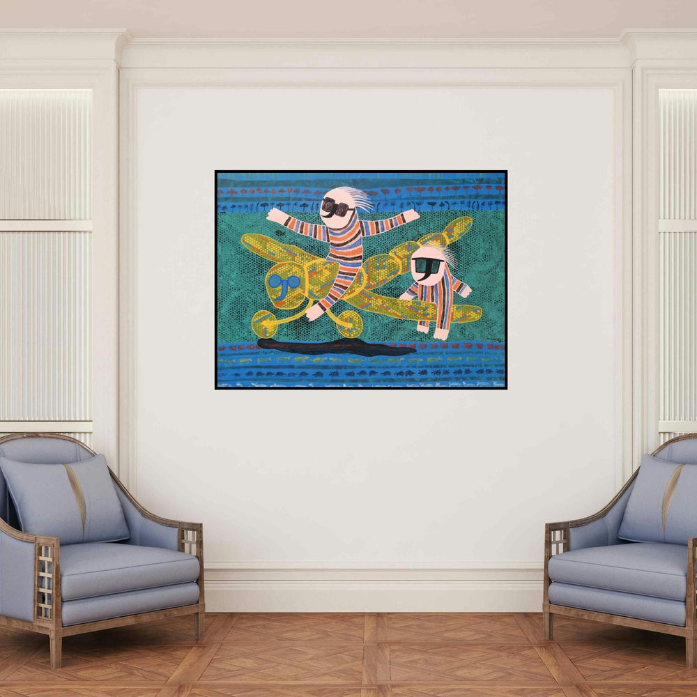 'Golden Memories (Childhood Dreams Take Flight)' painting by Lakhan Singh Jat shown on a wall in a furnished room.