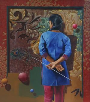 Golden Memories by Nitin Marde, Original Acrylic Oil Figurative Painting on Canvas, Large Vertical Wall Art