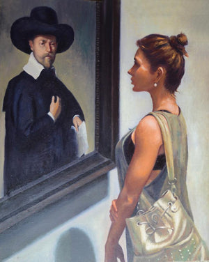 Golden Moment (Master Merchant of Haarlem) by Chaitan Bhosale, Original Oil Figurative Painting on Canvas, Medium Vertical Wall Art