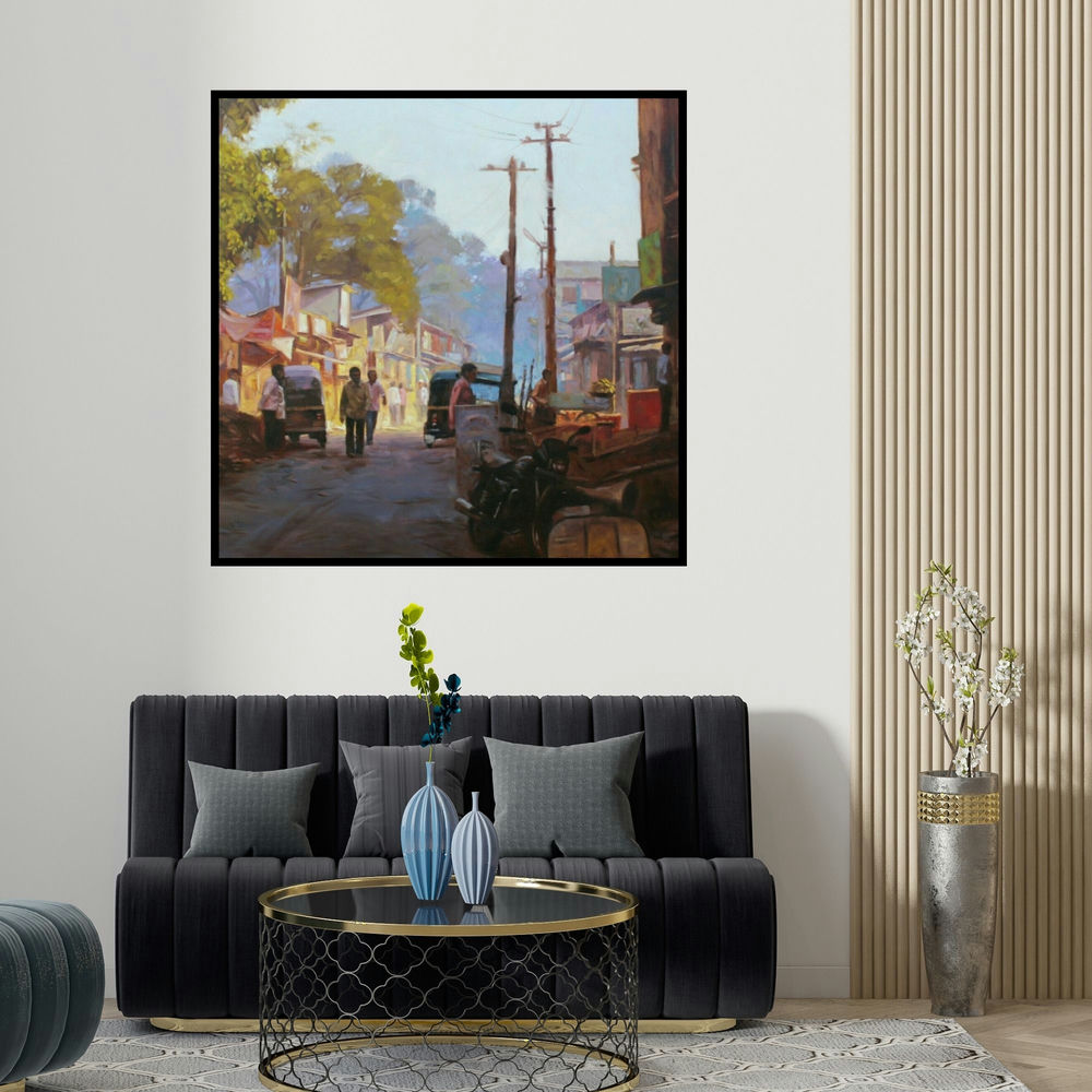 Manoj Deshmukh's 'Golden Morning' painting visualized above a sofa in a contemporary room.