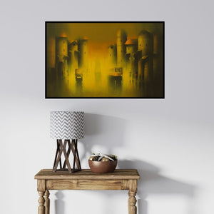 In-situ view of Somnath Bothe's 'Golden Night (Ethereal Cityscape)' painting in a room