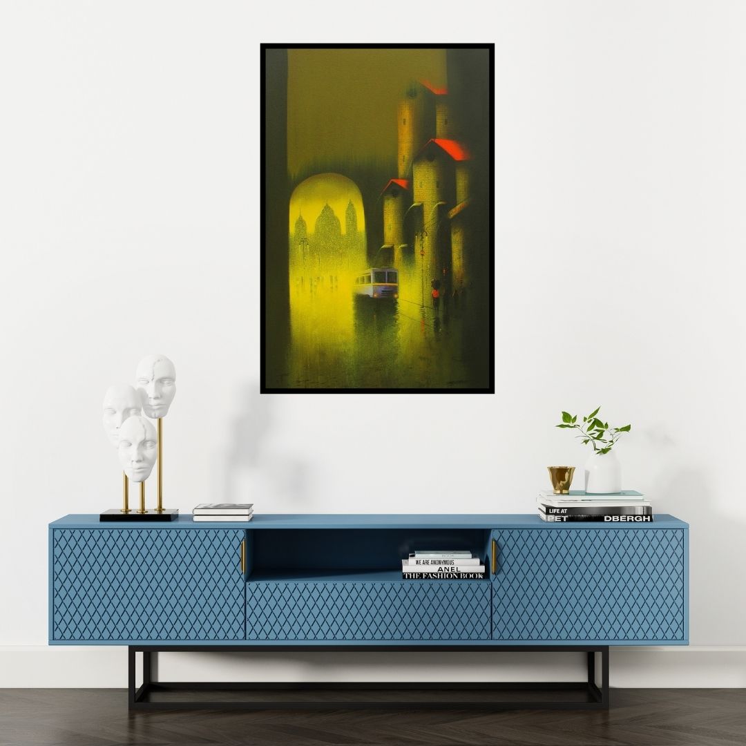 Preview of 'Golden Night' Painting by Somnath Bothe shown on a wall in a furnished room.