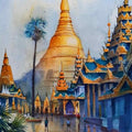 Religious watercolor painting titled 'Golden Pagoda', 22x15 inches, by artist Jitendra Divte on Paper