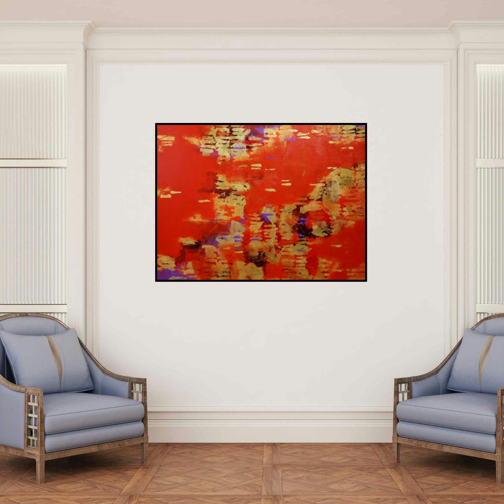 'Golden Patterns (Crimson Tide)' painting by Ns Art shown on a wall in a furnished room.