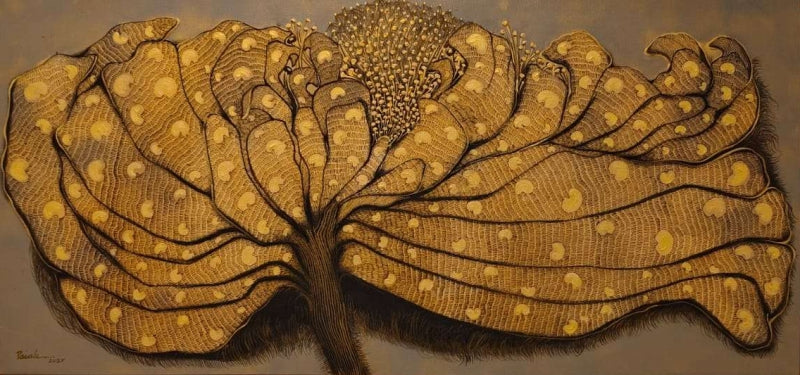 Golden Petals' nature mixed-media painting by artist Yogesh Powale, 15x27 inch, on canvas