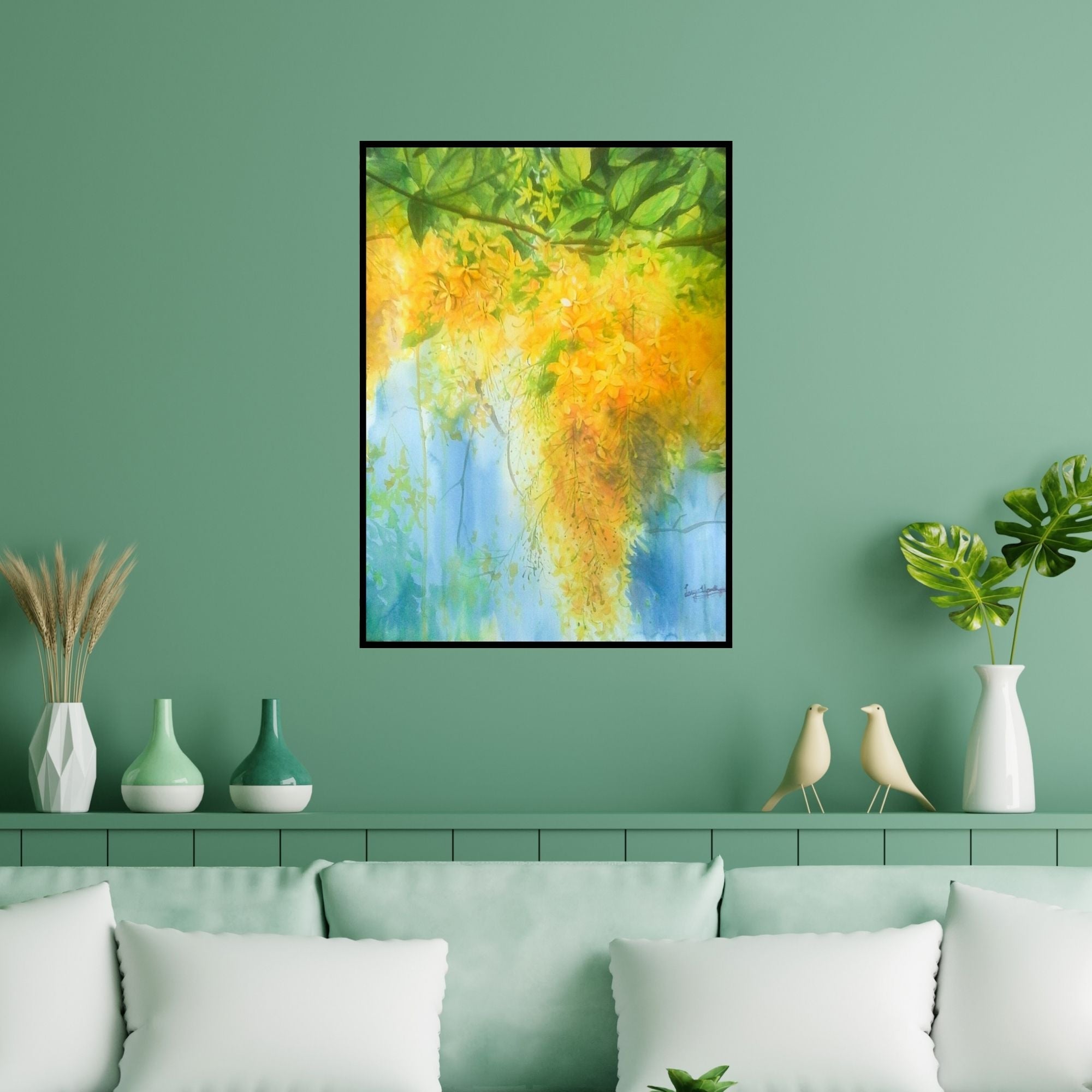 Preview of 'Golden Shower' Painting by Lasya Upadhyaya shown on a wall in a furnished room.