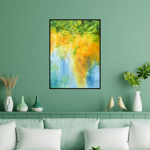 Preview of 'Golden Shower' Painting by Lasya Upadhyaya shown on a wall in a furnished room.