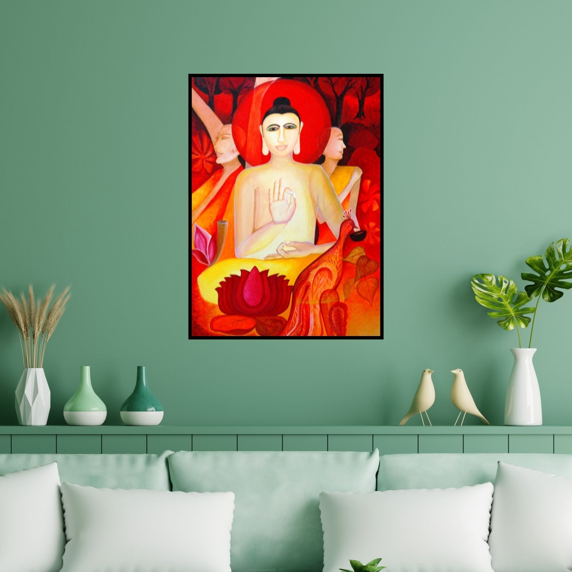 Preview of 'Golden' Painting by Shuchi Khanna shown on a wall in a furnished room.