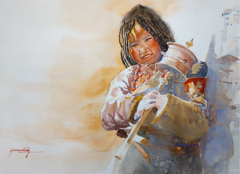 Golden Soul' figurative watercolor painting by artist Soven Roy, 17x23 inch, on paper