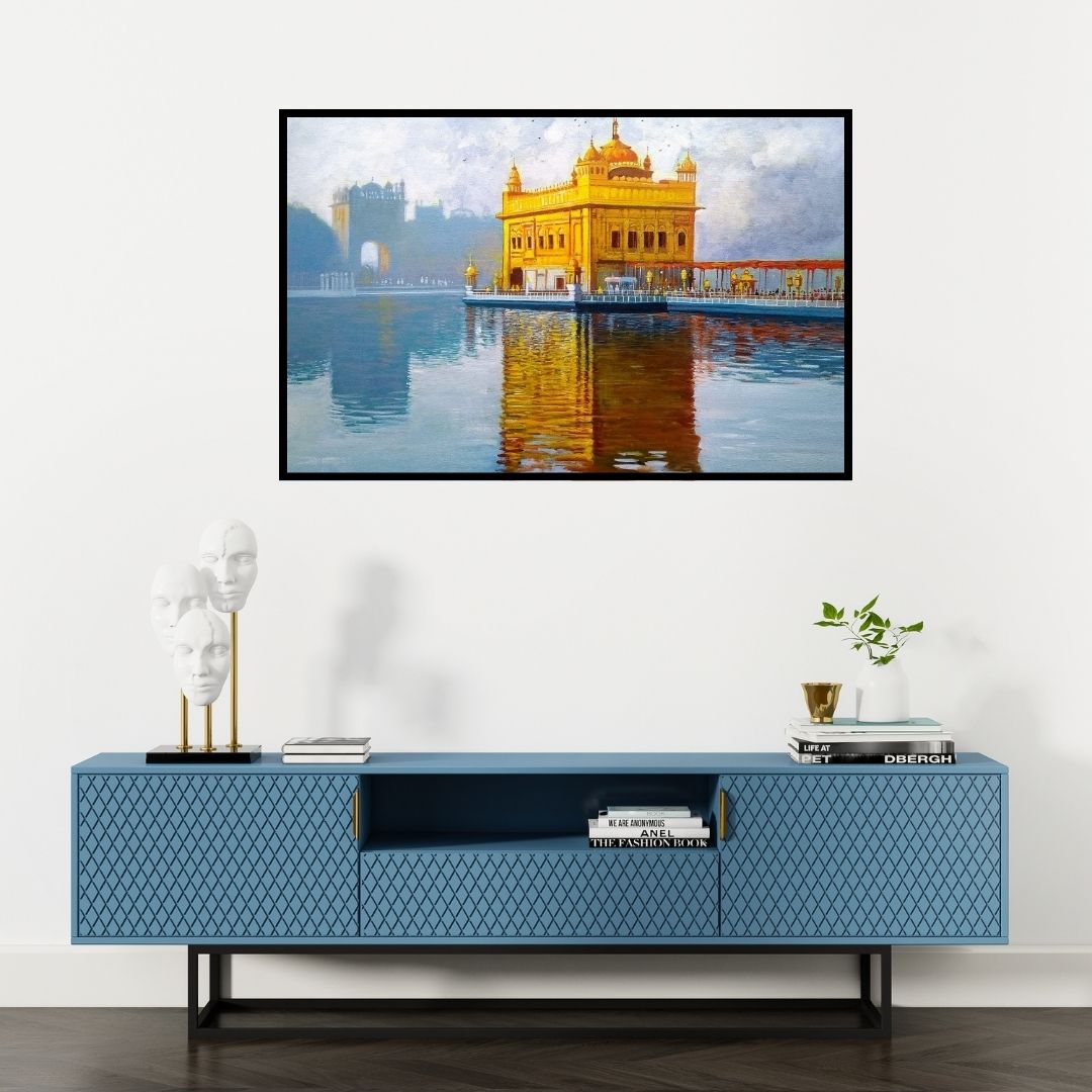 Preview of 'Golden Temple' Painting by Nanasaheb Yeole shown on a wall in a furnished room.