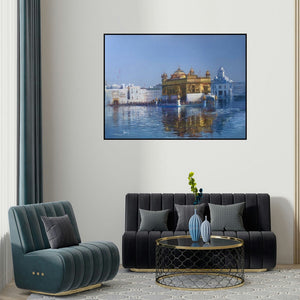 Bijay Biswaal's 'Golden Temple (Untitled)' painting visualized above a sofa in a contemporary room.