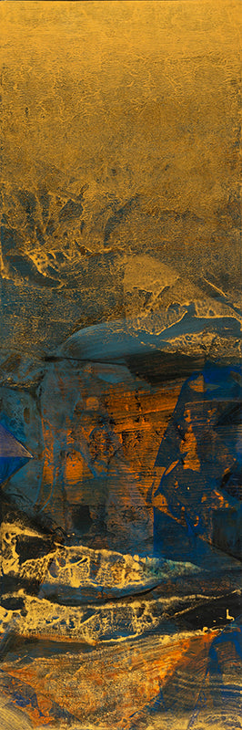 Golden Thoughts' abstract acrylic painting by artist Siddhesh Rane, 36x12 inch, on canvas
