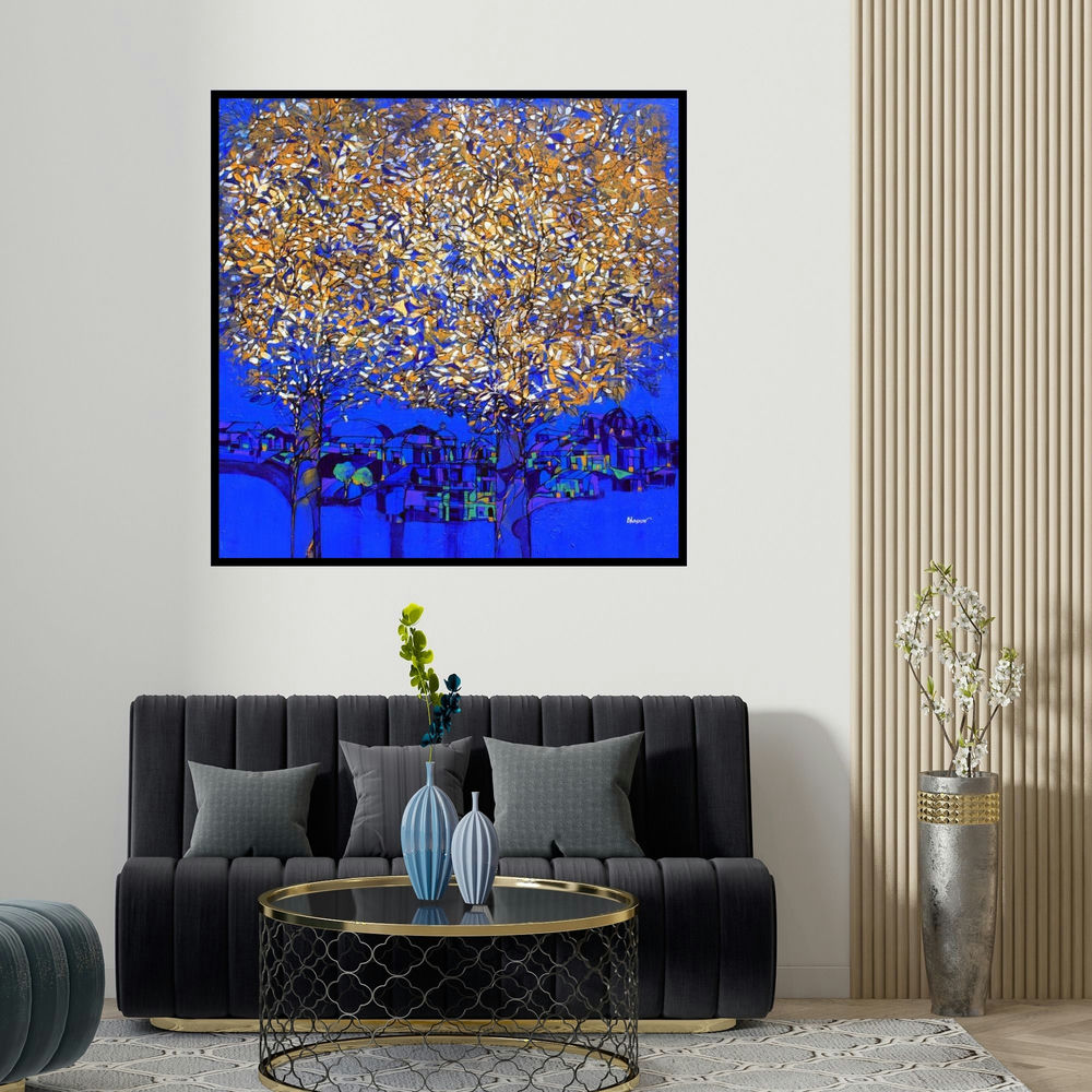 Bhaskar Rao's 'Golden Tree Of Life' painting visualized above a sofa in a contemporary room.