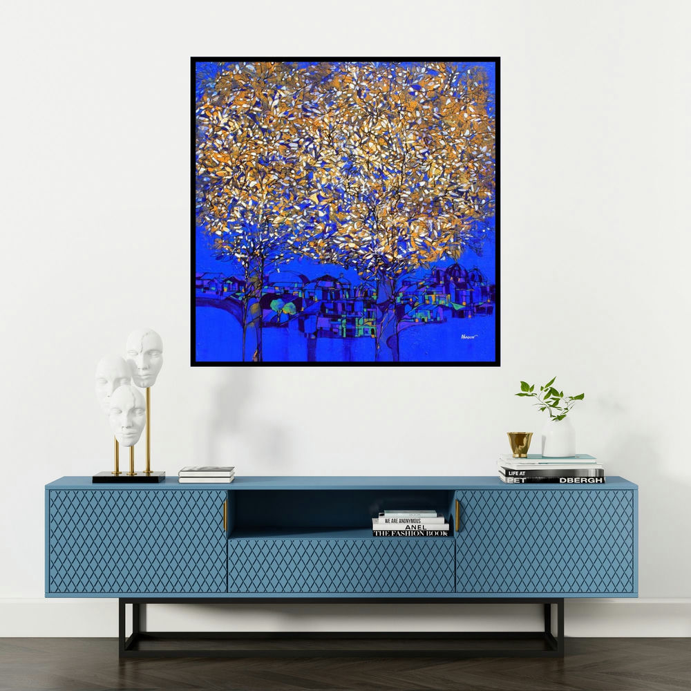 'Golden Tree Of Life' painting by Bhaskar Rao shown on a wall in a furnished room.