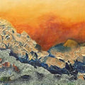 Landscape mixed-media painting titled 'Golden Tree Tops', 24x60 inch, by artist Ruchi Singhal on Canvas