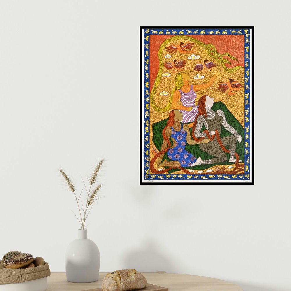 Seema Kohli's 'Golden Womb Series Of Conversations (Bound by Destiny)' painting visualized above a sofa in a contemporary room.