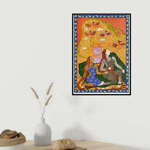 Seema Kohli's 'Golden Womb Series Of Conversations (Bound by Destiny)' painting visualized above a sofa in a contemporary room.