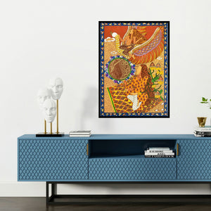 'Golden Womb Series Of Flight (Celestial Dance)' painting by Seema Kohli shown on a wall in a furnished room.