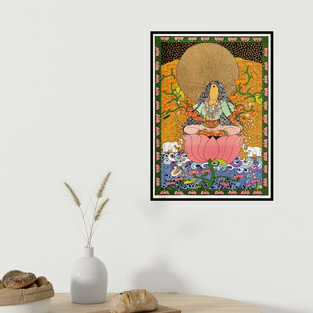 Seema Kohli's 'Golden Womb Series Laxmi (Golden Lotus Goddess)' painting visualized above a sofa in a contemporary room.