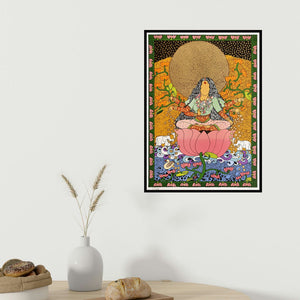 Seema Kohli's 'Golden Womb Series Laxmi (Golden Lotus Goddess)' painting visualized above a sofa in a contemporary room.