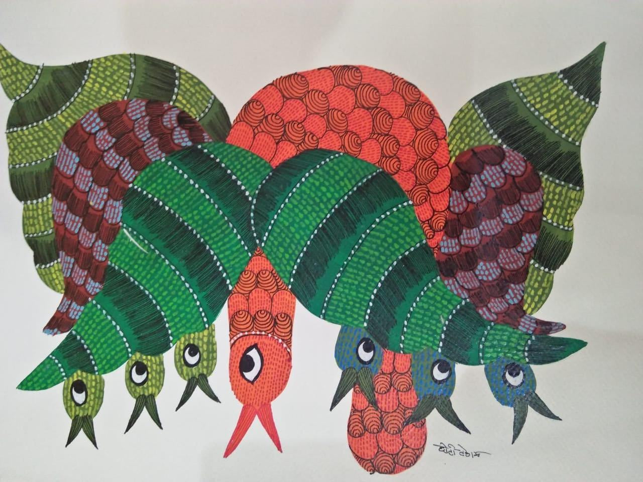 Gond 17 by Choti Gond Artist, Original Paper Gond Traditional Art on Paper, X-Small Vertical Wall Art