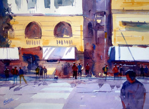 Good Afternoon by Ravee Songirkar, Original Watercolor Cityscape Painting on Paper, Small Horizontal Wall Art