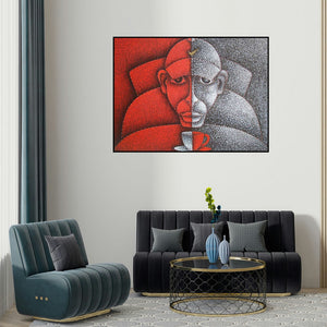 Satyajeet Shinde's 'Good Morning (Duality)' painting visualized above a sofa in a contemporary room.