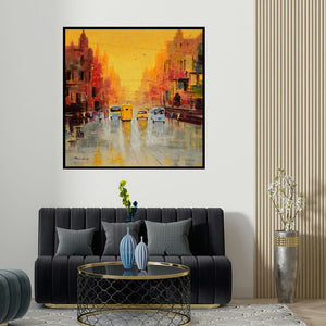 Purnendu Mandal's 'Good Morning Kolkata (Morning Commute)' painting visualized above a sofa in a contemporary room.