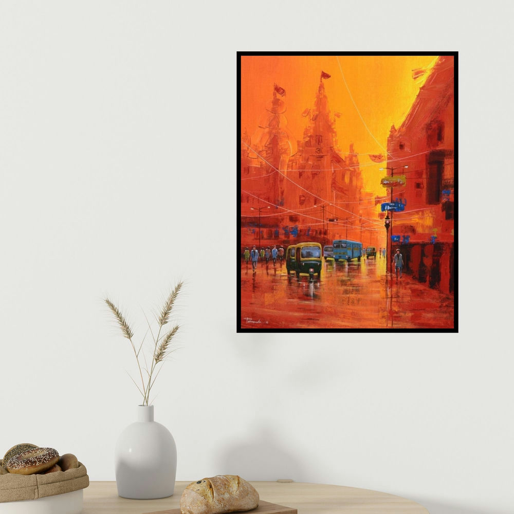 Purnendu Mandal's 'Good Morning Kolkata 7' painting visualized above a sofa in a contemporary room.