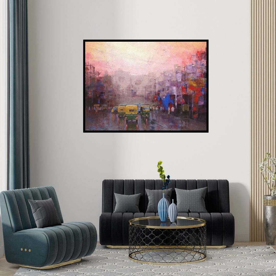 Preview of 'Good Morning Kolkata Ii' Painting by Purnendu Mandal shown on a wall in a furnished room.