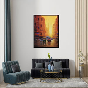 Preview of 'Good Morning Kolkata' Painting by Purnendu Mandal shown on a wall in a furnished room.