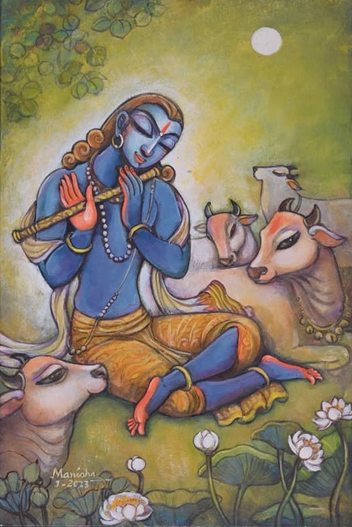 Gopal' religious acrylic painting by artist Manisha Srivastava, 18x11 inch, on canvas