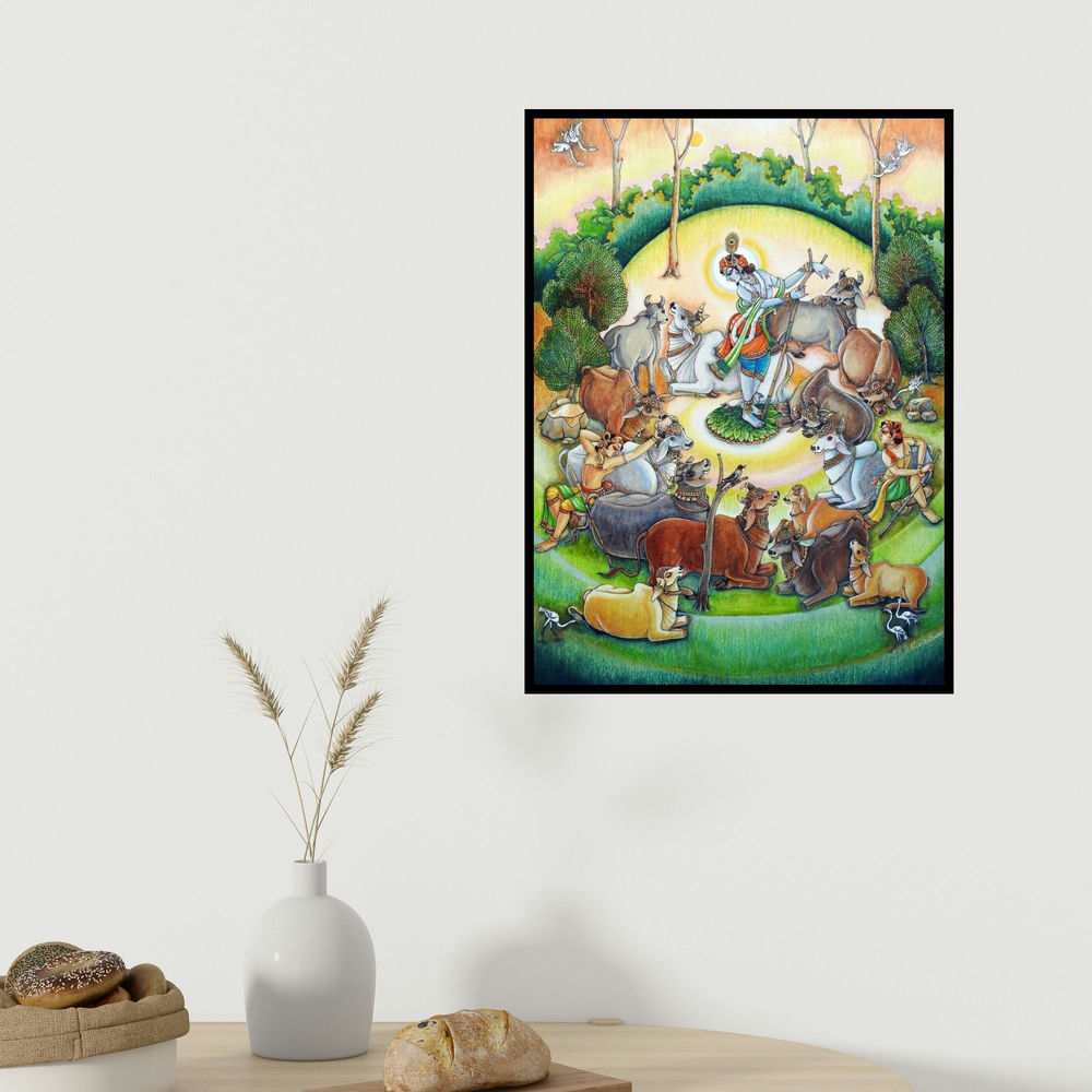 Anand Sonar's 'Gopalak (Divine Dance with the Cows)' painting visualized above a sofa in a contemporary room.