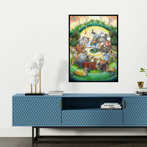 'Gopalak (Divine Dance with the Cows)' painting by Anand Sonar shown on a wall in a furnished room.