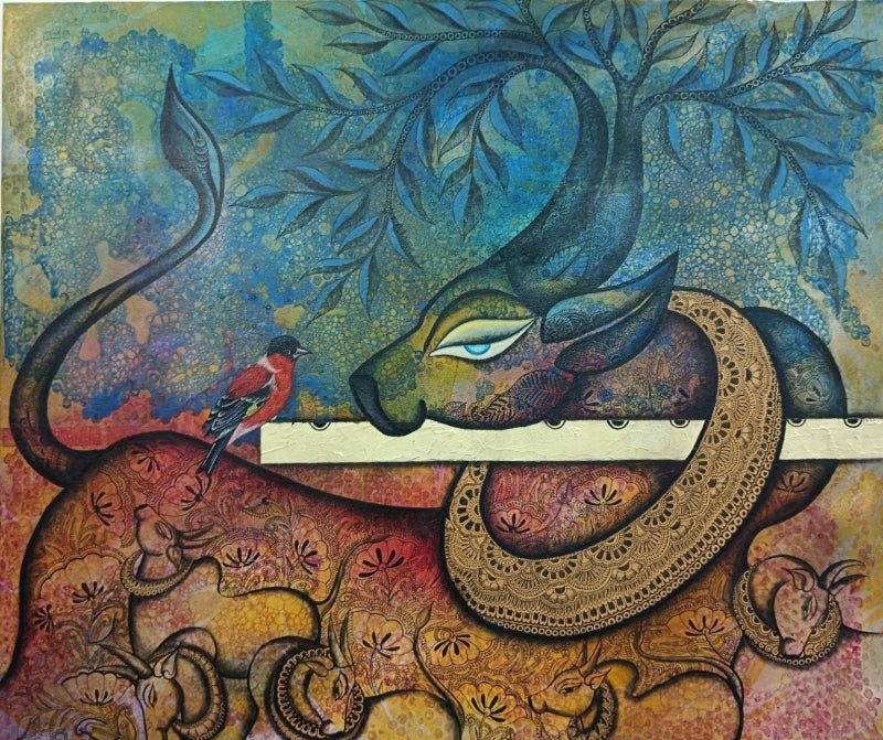 Gopalila 1' religious mixed-media painting by artist Mohit Bhardwaj, 30x36 inch, on canvas