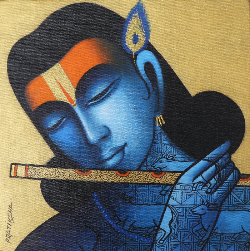 Gopalpriya' religious acrylic painting by artist Pratiksha Bothe, 12x12 inch, on canvas