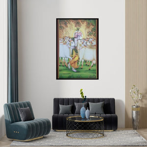 Preview of 'Gopastami (Krishnas Divine Companions)' Painting by Rajendra Khanna shown on a wall in a furnished room.